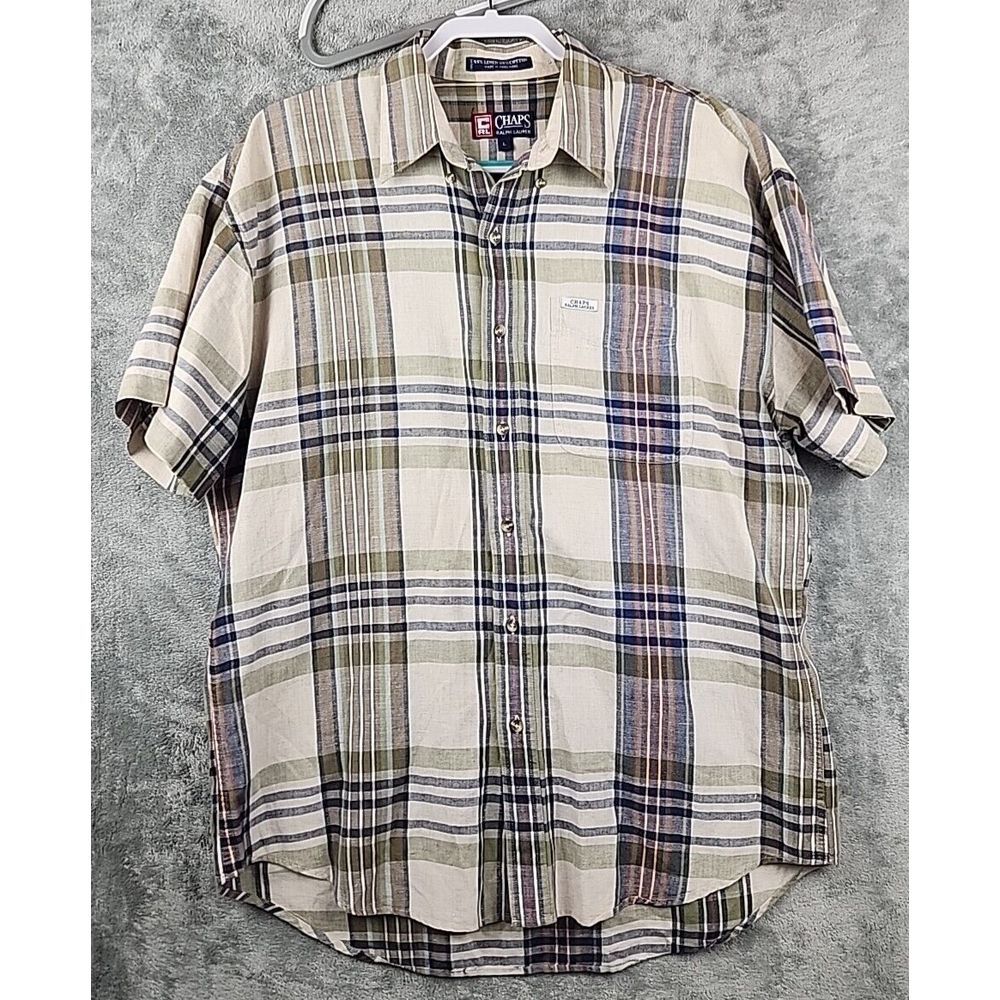 Chaps Ralph Lauren Button Shirt Mens Large Beige Plaid Linen Cotton Blend Beach‎
